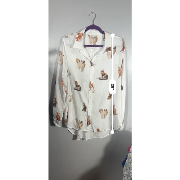 Women's JANE + DELANCEY White Brown Cat Print Button Down Shirt XL - Picture 7 of 8